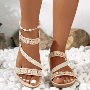 Beige Sandals For Women, Braided Detail Ankle Strap Sandals